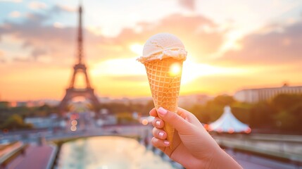Hand holding ice cream cone with Eiffel Tower in background at sunset. Beautiful and dreamy Paris scenery.