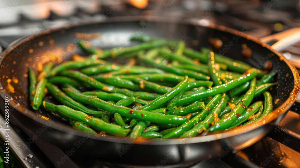 Canvas Prints a pan of green beans is cooking on a stove