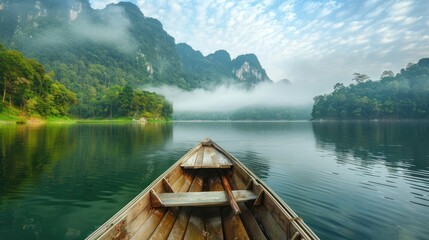 Fototapeta premium Tranquil mountain lake with a wooden dock. Wooden rowing boat on a lake in the Dolomites