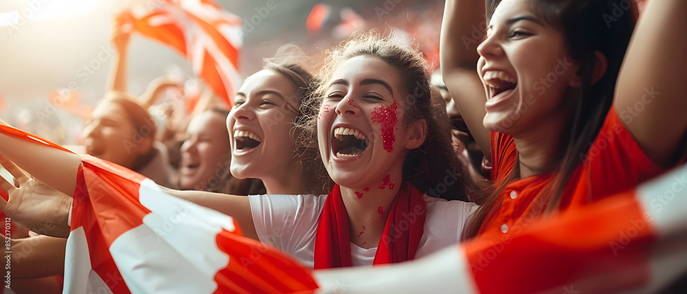 Wall mural England EURO football supporter on stadium. England fans cheer on soccer pitch watching winning team play. Group of supporters with flag and national jersey cheering for England. Championship victory