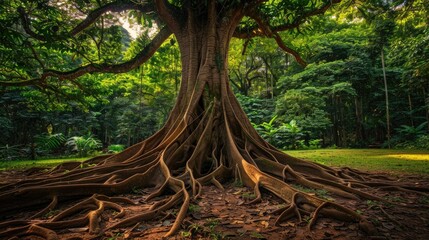 A magnificent rainforest tree stands tall with lush green foliage showcasing its immense buttresses and intricate root system at the Limbe Botanic Garden in Limbe Cameroon located in the vi
