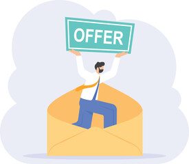 illustrations of men appearing from inside letters carrying or holding bidding boards. concept email information, email offers, advertising promotions. flat style. design elements

