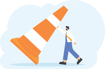 system repair and maintenance. two technicians with Traffic Cone. maintenance, development, and technology. flat and minimalist illustration concept design. vector elements. white background

