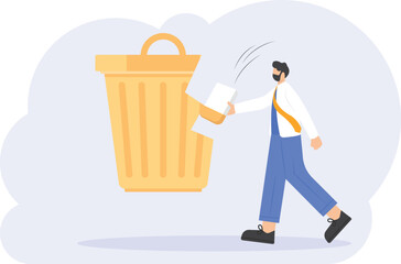 the concept of delete cache, junk, and cookies. illustration of a man using an eraser to erase the trash can. flat design. can be used for elements, landing pages, UI, websites

