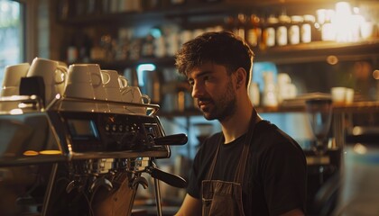 A young barista is photographed in a candid moment at an espresso machine, working in a cozy coffee shop AIG58 - Powered by Adobe