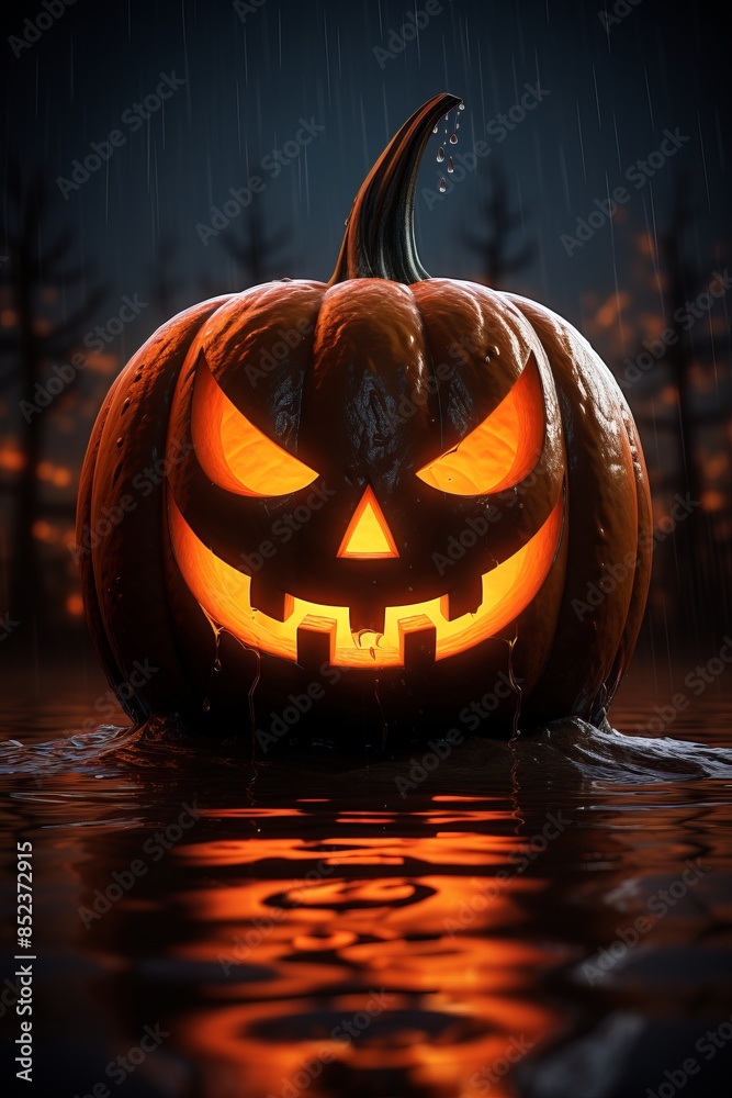 Canvas Prints a halloween pumpkin with glowing eyes in the water