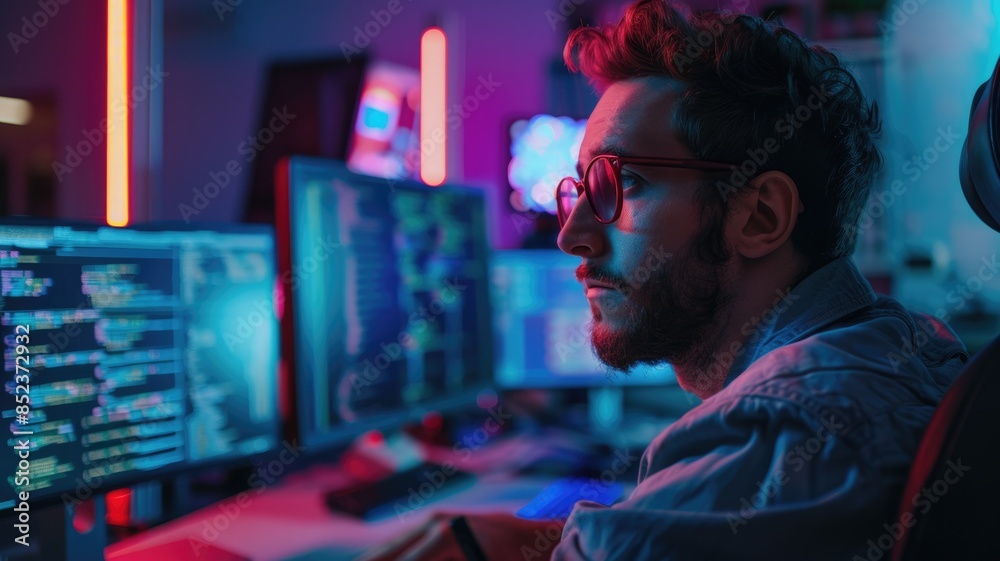 Poster young professional coding on multiple monitors in modern, illuminated workspace. intense and concent