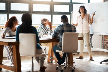 Ideas, team and woman at creative presentation for project manager, planning and office workshop. Design, meeting room and business people at startup for growth, development or strategy on whiteboard