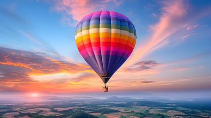 Fototapeta premium A colorful hot air balloon floating over a scenic landscape at sunrise. List of Art Media: Photograph inspired by Spring magazine.