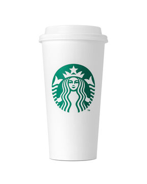 White of tall Starbucks coffee cup with green mermaid logos and lids, standing isolated on a white background