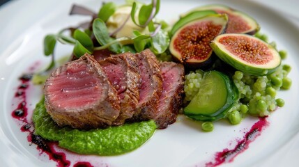 Tuna steak served with peppermint pea puree crispy cucumber salad and fig slices