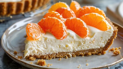 Close up photo of a slice of cheesecake topped with mandarin oranges