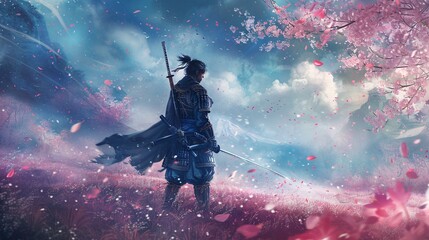 Naklejka premium Samurai in a Field of Cherry Blossoms