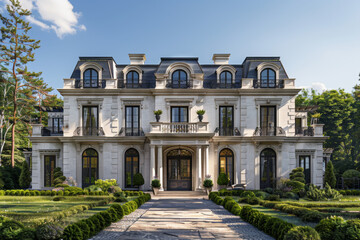 front view of large white french country mansion