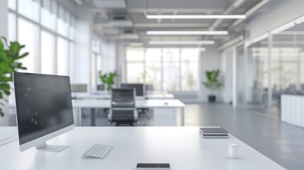 Modern Open Space Office Interior with White Minimalistic Design and Blurred Focus, Ideal for Backgrounds and Business Concepts