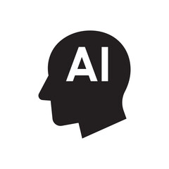 Human head tech icon, AI technological brain, Artificial intelligence, Simple flat design symbol, Isolated on white background, Vector illustration