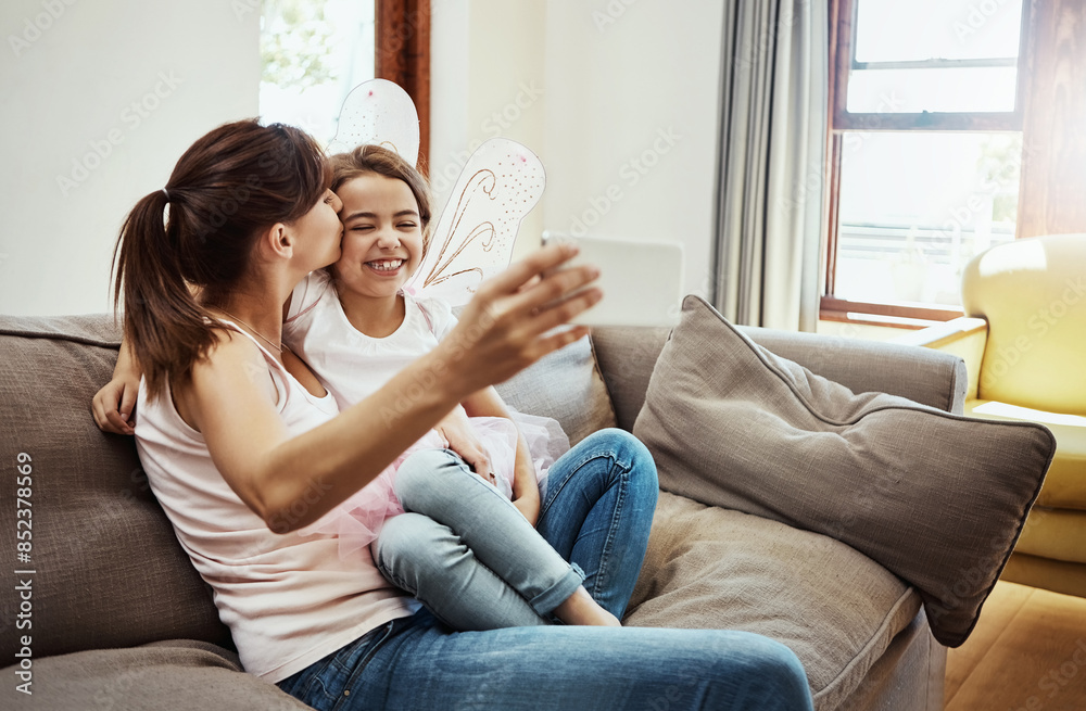 Sticker Mom, girl and smile on selfie on couch for memories, fun and care with support for child development. Parent, kid and happy in living room on sofa for social media, bonding and home with butterfly