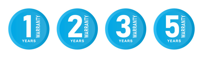 1, 2, 3 and 5 years warranty in circle in blue color vector product quality sticker. Warranty sticker set for product quality assurance use. Vector illustration.