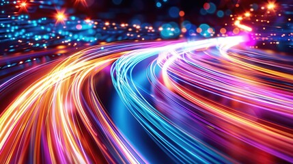 Obraz premium High-speed fiber optic cables with light trails. speed line, futuristic background for 5g or 6g technology wireless data transmission