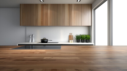 3d rendering white modern kitchen with wood bar,
Wood plank kitchen background


