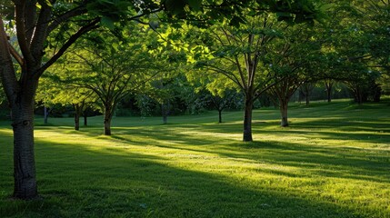 Cherry trees photography showcasing green and thriving foliage basking in the warm afternoon sunlight