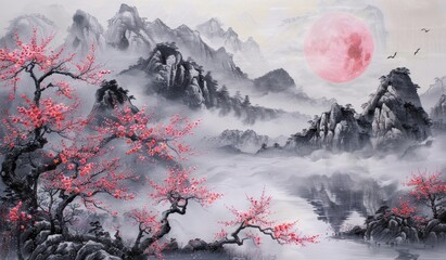 Painting of a beautiful, peaceful landscape with mountains and trees, asian, scenic view