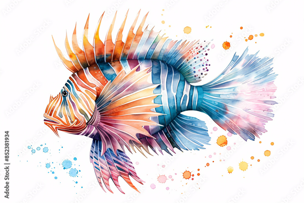 Wall mural Watercolor illustration of a colorful fish with vibrant fins and scales, isolated on a white background.