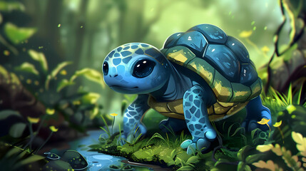 Cute Blue Turtle Illustration in a Lush Green Forest