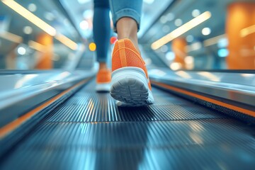 Fototapeta premium A close up shot of a persons feet walking on a moving sidewalk in a modern building, with the floor and background blurred