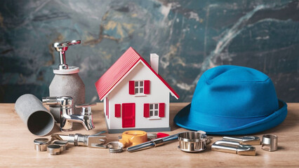 A desk displaying plumbing components and tools alongside a model house, a pipe wrench, a faucet, and a blue hat, representing a plumbing shop and services for technical assistance, supply