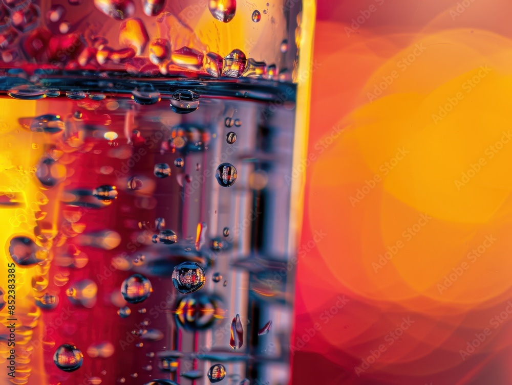 Aufkleber close-up of vibrant water droplets on a glass surface with a colorful, abstract background featuring