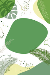 Tropical plant invitation background template or greeting card blank in pastel green -yellow colorswith spots frame dots  and wavy lines . Flat lay free copy space.