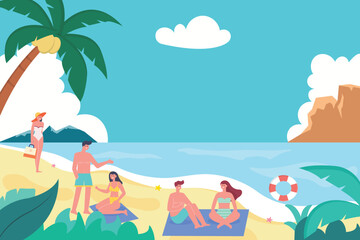 summer illustration of young people partying on the beach, with the concept of a summer festival. suitable banner, flyer, poster, background