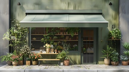 A front view of a olive green modern and elegant flower shop awning pot cookware