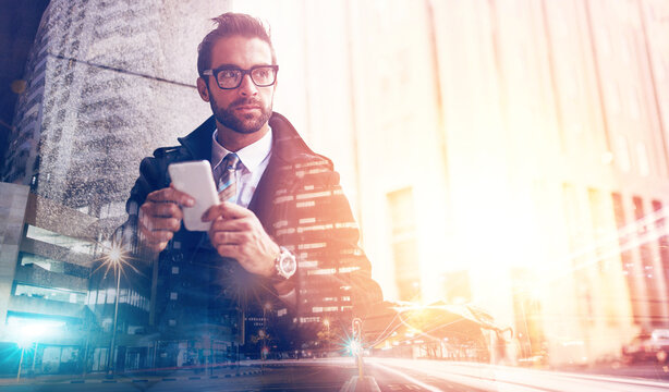 Business man, overlay and city with phone, thinking and social media with urban road double exposure. Professional, idea and mobile networking with finance worker and cityscape with app and mockup