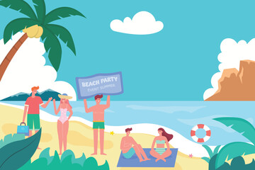 summer illustration of young people partying on the beach, with the concept of a summer festival. suitable banner, flyer, poster, background