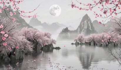 Painting of a beautiful, peaceful landscape with mountains and trees, asian, scenic view