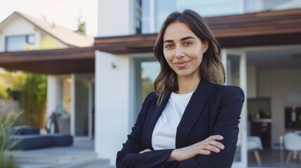 Obraz premium Confident American woman real estate agent stands proudly outside a modern home, radiating expertise and approachability, ready to assist potential house buyers hyper realistic 
