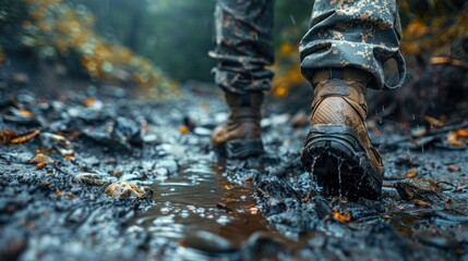 Military Boots in a Forest Stream