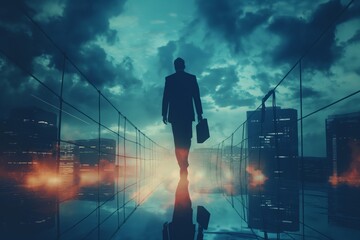 Businessman confidently walking across bridge above a cityscape