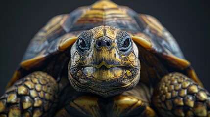 Naklejka premium Direct frontal view of a tortoise with detailed shell patterns and focused eyes. hyper realistic 