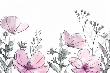 Watercolor pink wildflowers on a white background.