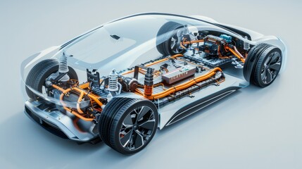 Electric car technical cutaway with all main details of EV system in ghost effect hyper realistic 