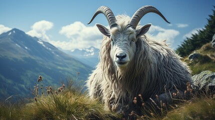 Obraz premium Mouflon in the mountains, panoramic view of mountain peaks