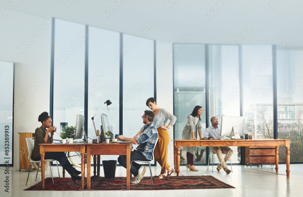Poster creative, people and coworking space in office for business on project in company as developer in di