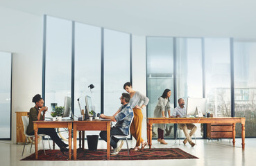 Creative, people and coworking space in office for business on project in company as developer in...