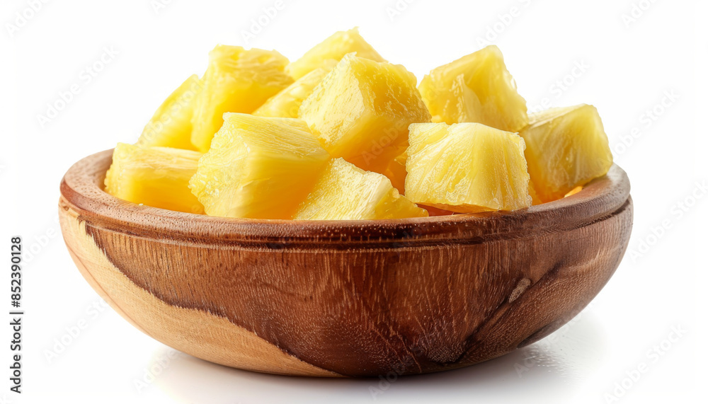 Wall mural pineapple cubes in wooden bowl isolated on white background