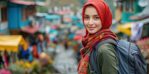 Naklejka premium Woman in Red Hijab Smiles in a Colorful Market