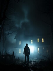 a man standing in front of a house at night