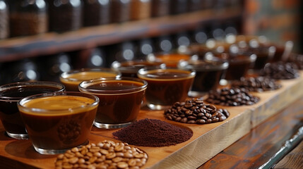coffee tasting session, diverse coffee beans, tasting notes, cupping glasses, aromatic experience, detailed textures